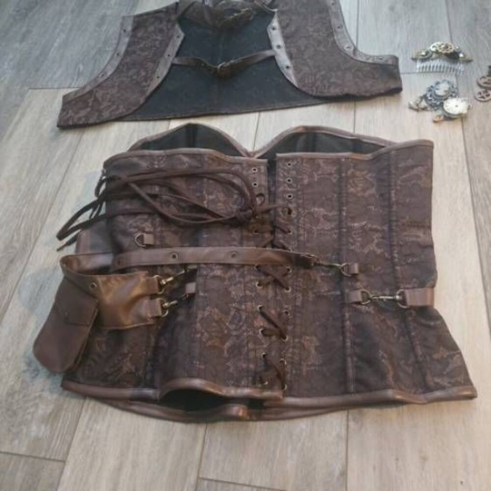 Brocade Steampunk Bustiers Corset with Jacket and Belt brown petticoat skirt - Picture 10 of 16
